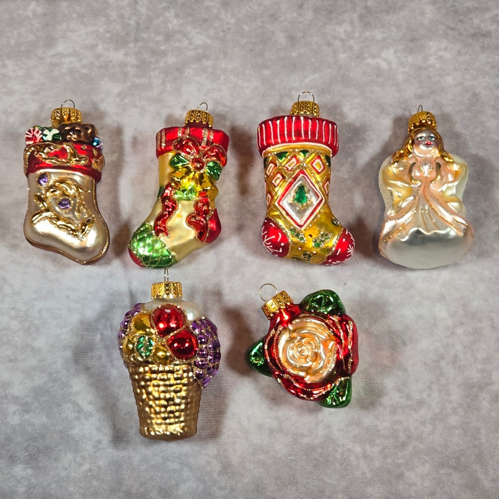 Blown Glass Christmas Ornaments‎ Stocking Angel Fruit Rose Lot of 6
